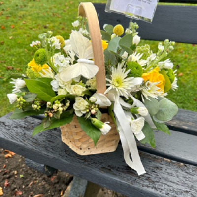 Yellow Dazzle - A fresh seasonal basket in soft yellow and white tones, beautifully arranged with roses, carnations, chrysanthemums and lush foliages.